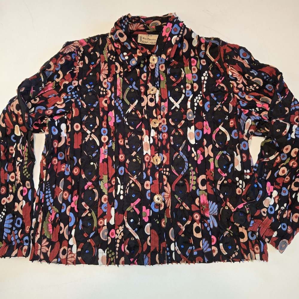 New Direction Black Textured Pleated Floral Sequins Button Down Women's Blouse L